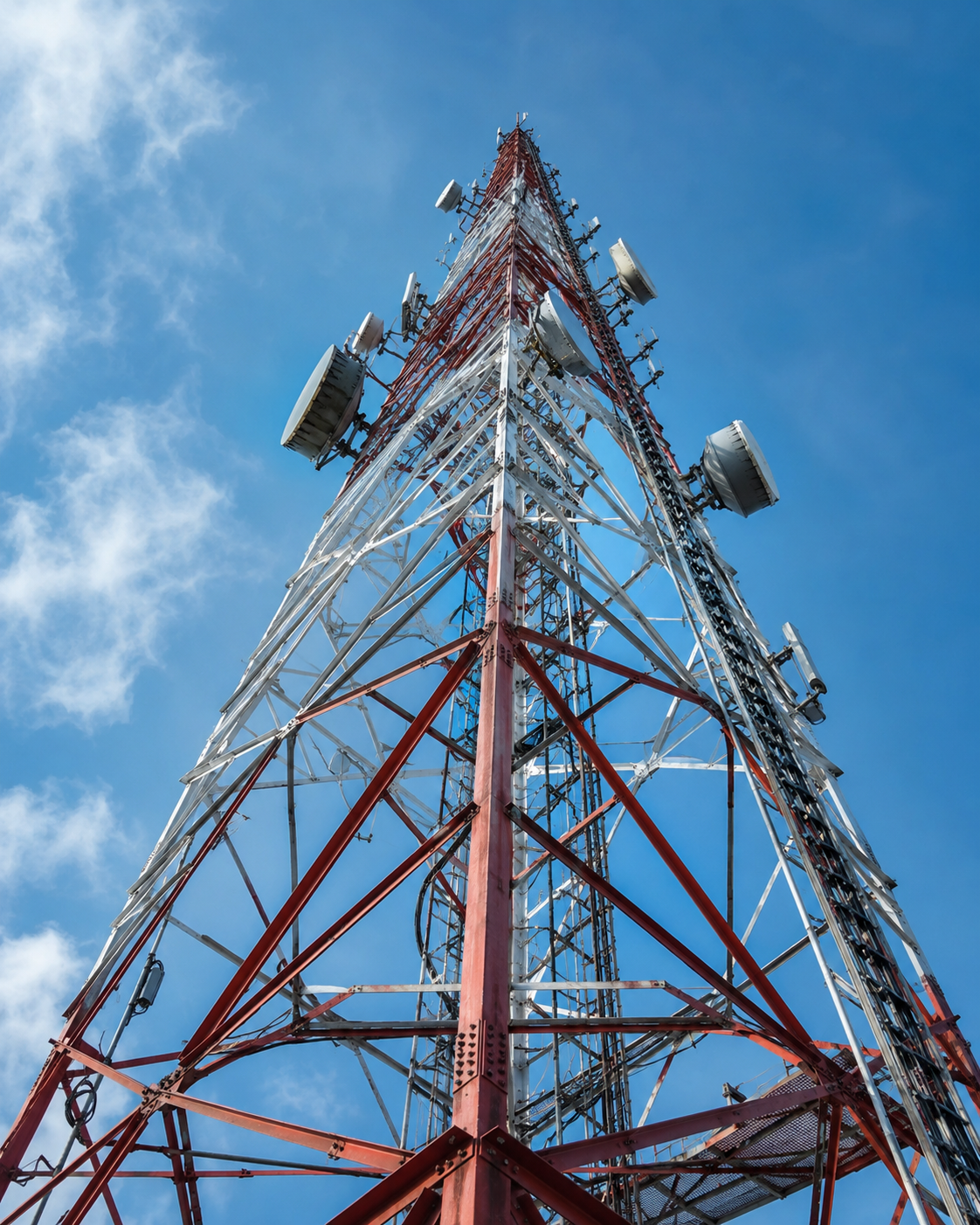 Communications tower viewed from the ground